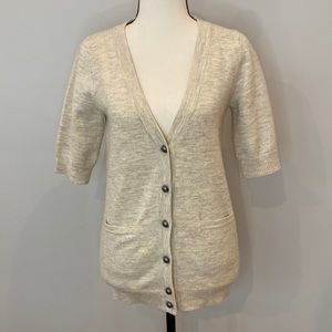 Womens short sleeve cardigan sweater ivory botton front hand pockets soft cozy